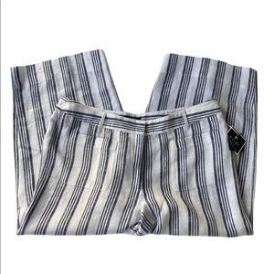 NWT Kaari Blue Cropped Linen Pants Cropped White Navy Stripe Wide Leg Pockets